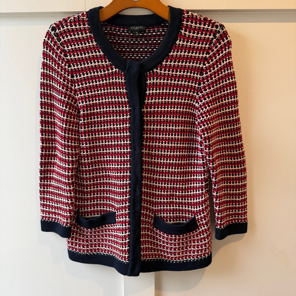 Talbots Petite Women's Cardigan Sweater Cotton Red White Blue‎ Crotchet
Snap SP